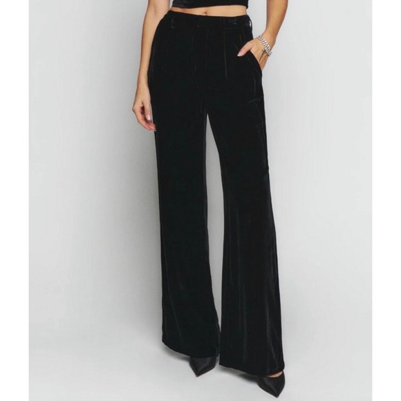 In2 by InCashmere Pants - Reformation Black Velvet Silk Wide Leg High Rise Trousers Belt Loops‎ Womens 0